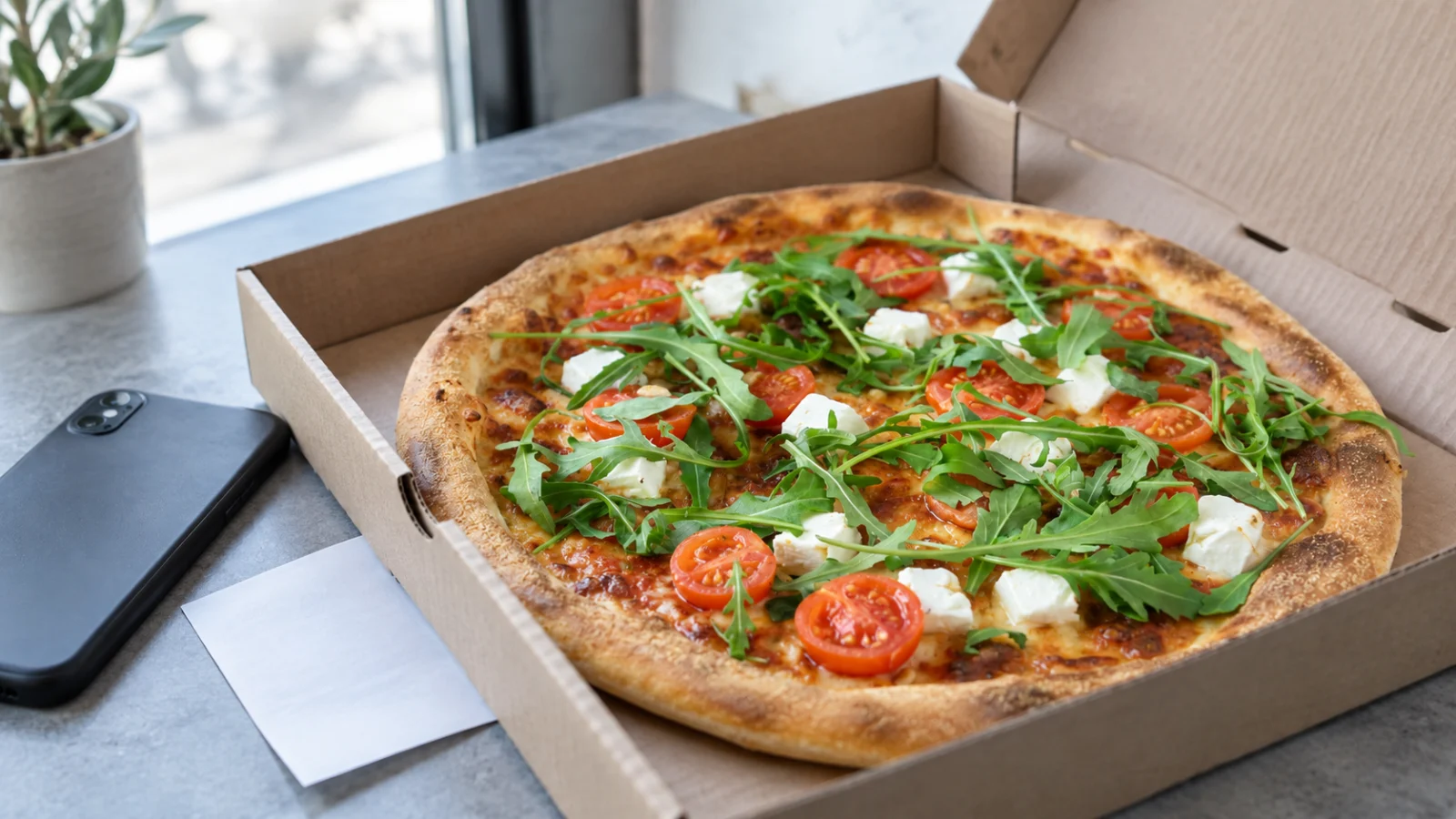 Pizza in a takeaway box beside a phone and an order slip