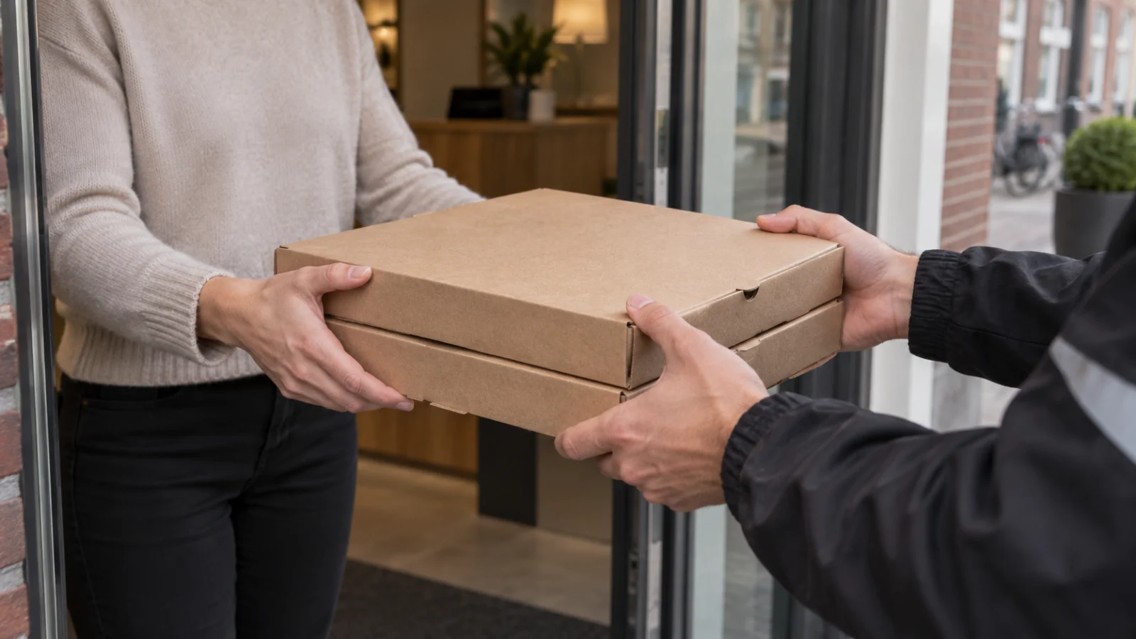 A guest receiving two pizza boxes at a hotel entrance