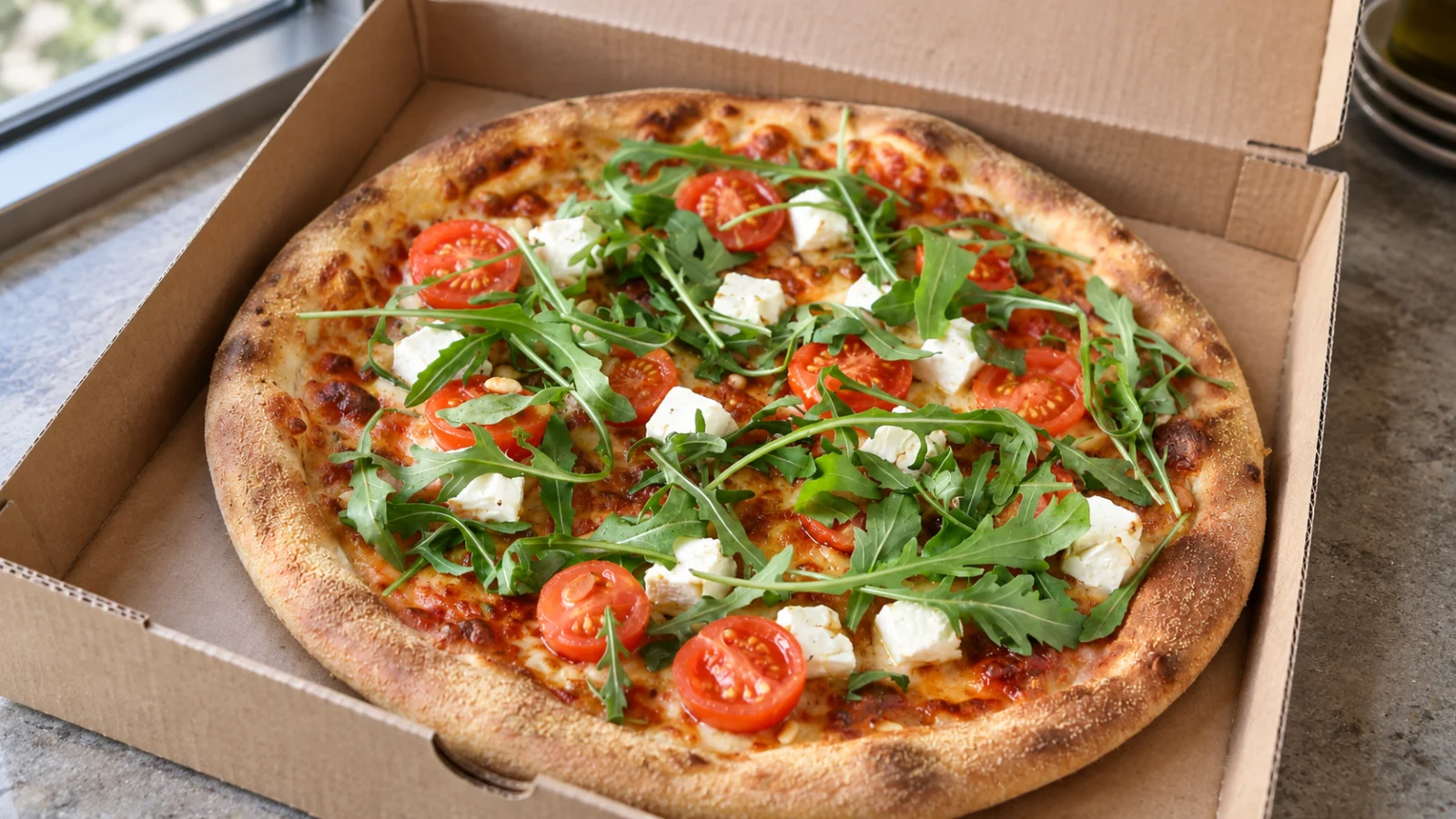 Pizza met tomaat, rucola en kaas in een open afhaaldoos