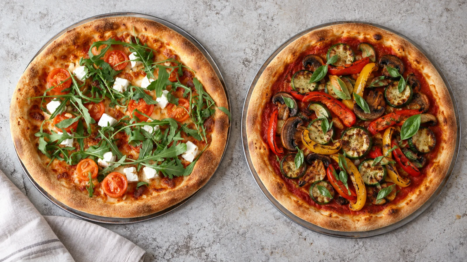 Twee pizza’s: een met kaas, tomaat en rucola en een met gegrilde groente zonder kaas